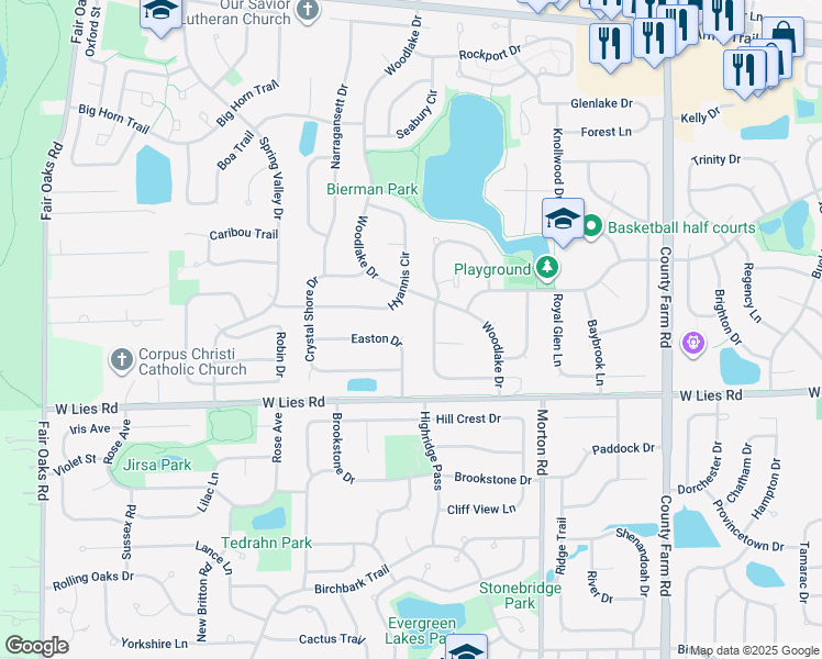 map of restaurants, bars, coffee shops, grocery stores, and more near 1150 Hyannis Circle in Carol Stream