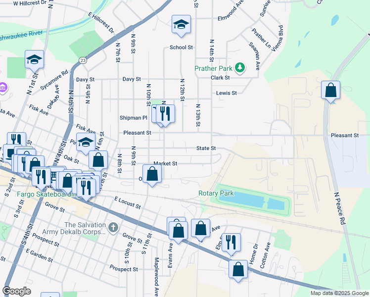 map of restaurants, bars, coffee shops, grocery stores, and more near 1122 Pleasant Street in DeKalb