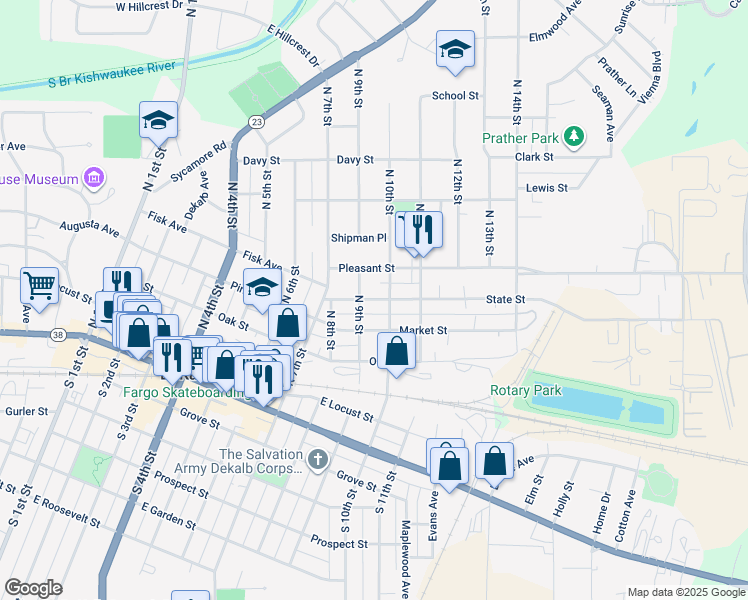 map of restaurants, bars, coffee shops, grocery stores, and more near 521 North 10th Street in DeKalb