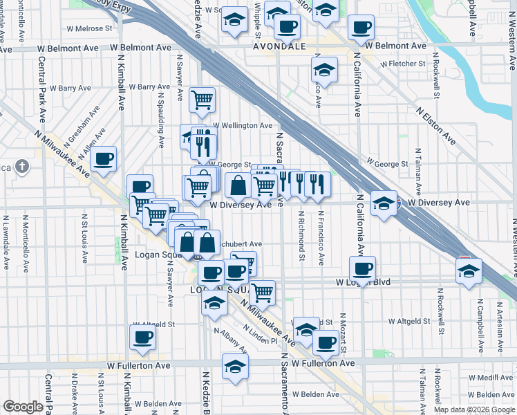 map of restaurants, bars, coffee shops, grocery stores, and more near 2815 North Whipple Street in Chicago