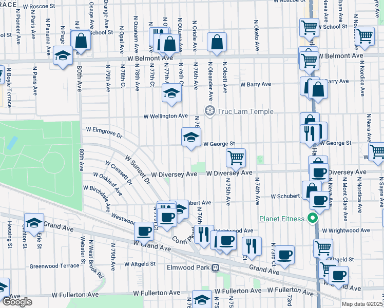 map of restaurants, bars, coffee shops, grocery stores, and more near 2824 North 76th Avenue in Elmwood Park