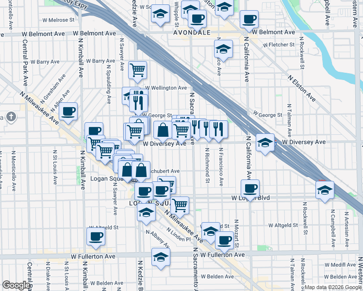 map of restaurants, bars, coffee shops, grocery stores, and more near 2815 North Whipple Street in Chicago