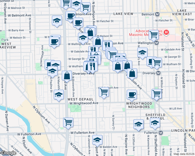 map of restaurants, bars, coffee shops, grocery stores, and more near 2741 North Southport Avenue in Chicago