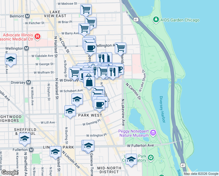 map of restaurants, bars, coffee shops, grocery stores, and more near 521 West Diversey Parkway in Chicago