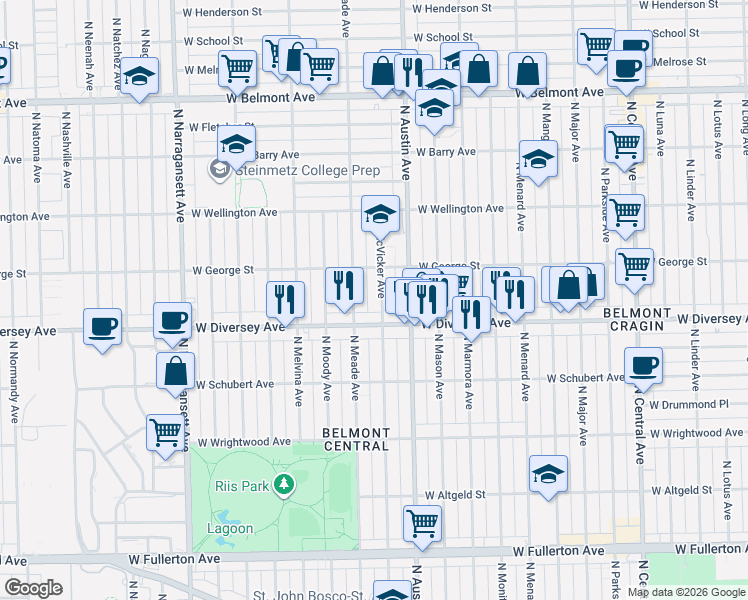 map of restaurants, bars, coffee shops, grocery stores, and more near 2845 North McVicker Avenue in Chicago