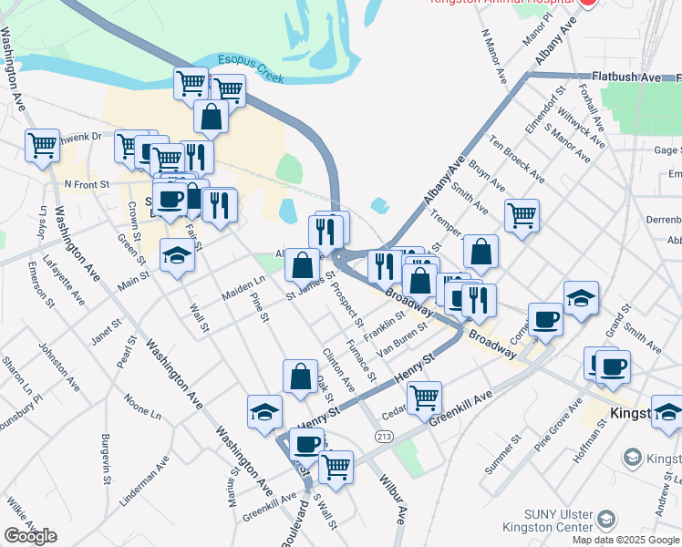 map of restaurants, bars, coffee shops, grocery stores, and more near 775 Broadway in Kingston