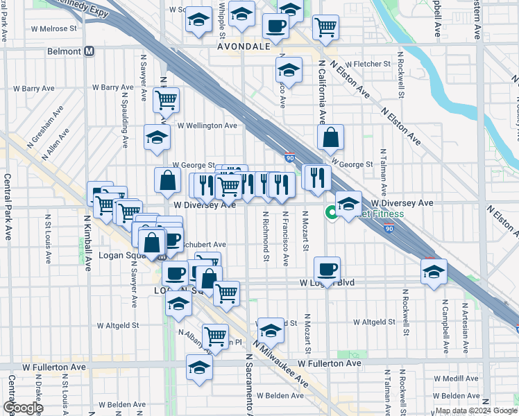 map of restaurants, bars, coffee shops, grocery stores, and more near 2758 North Richmond Street in Chicago