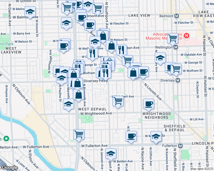 map of restaurants, bars, coffee shops, grocery stores, and more near 2742 North Southport Avenue in Chicago