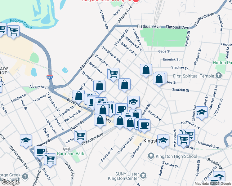 map of restaurants, bars, coffee shops, grocery stores, and more near 173 Smith Avenue in Kingston