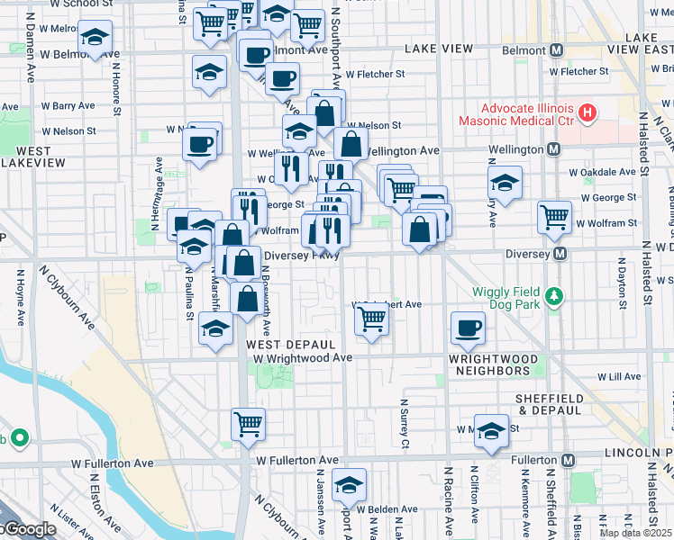 map of restaurants, bars, coffee shops, grocery stores, and more near 2742 North Southport Avenue in Chicago