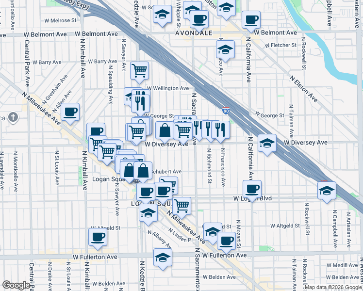 map of restaurants, bars, coffee shops, grocery stores, and more near 2792 North Whipple Street in Chicago