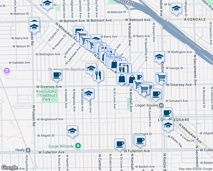 map of restaurants, bars, coffee shops, grocery stores, and more near W Diversey Ave & N Drake Ave in Chicago