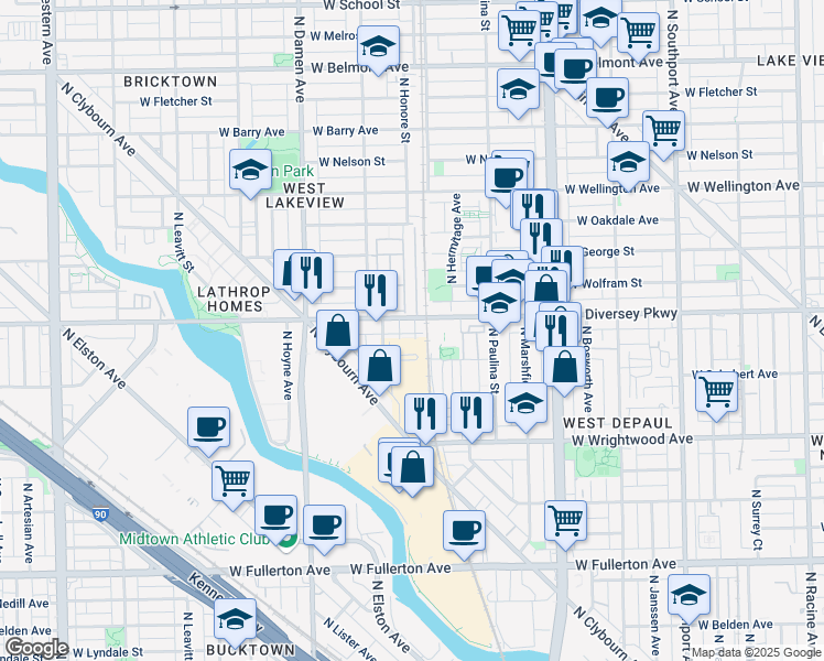 map of restaurants, bars, coffee shops, grocery stores, and more near 1801 West Diversey Parkway in Chicago