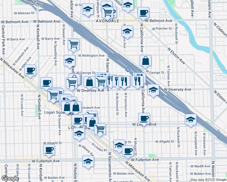 map of restaurants, bars, coffee shops, grocery stores, and more near 2815 North Sacramento Avenue in Chicago