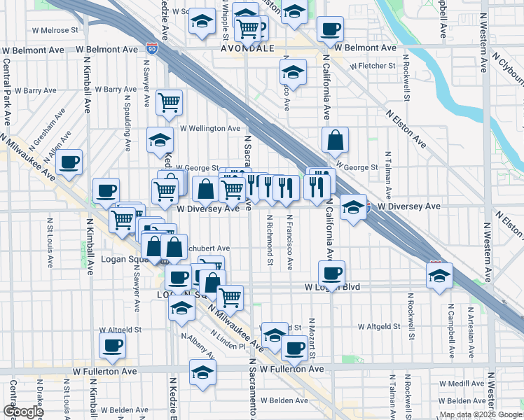 map of restaurants, bars, coffee shops, grocery stores, and more near 2815 North Sacramento Avenue in Chicago