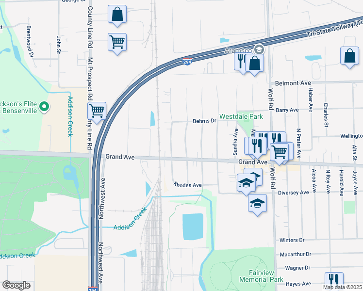 map of restaurants, bars, coffee shops, grocery stores, and more near 3000 Pearl Avenue in Melrose Park