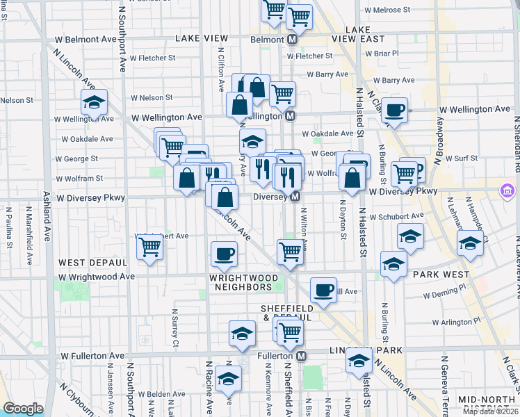 map of restaurants, bars, coffee shops, grocery stores, and more near 1055 West Diversey Parkway in Chicago