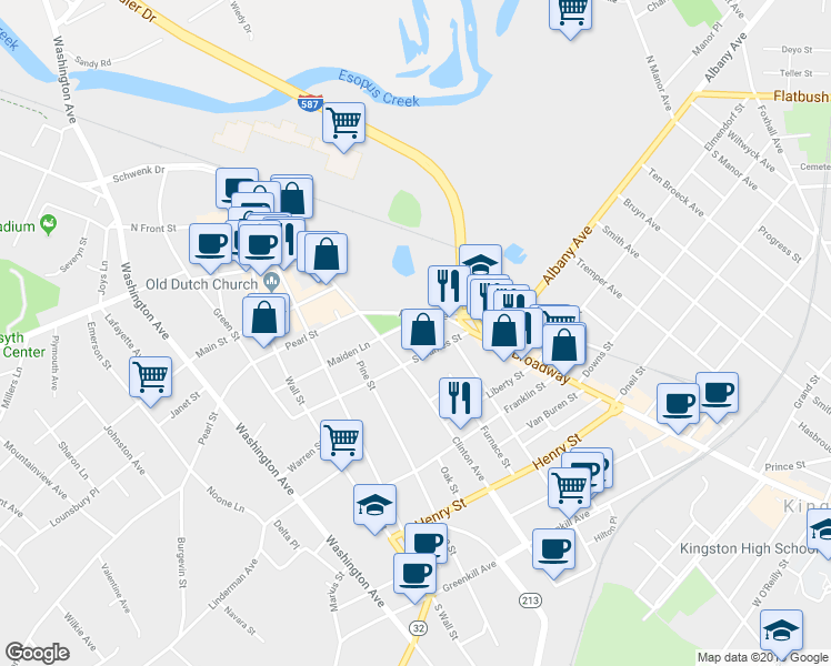 map of restaurants, bars, coffee shops, grocery stores, and more near 895 Albany Avenue in Kingston