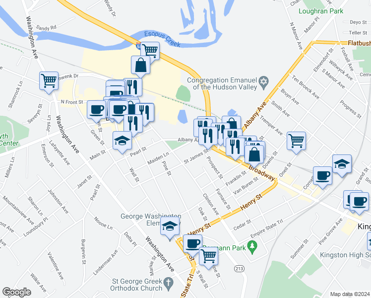 map of restaurants, bars, coffee shops, grocery stores, and more near 895 Albany Avenue in Kingston