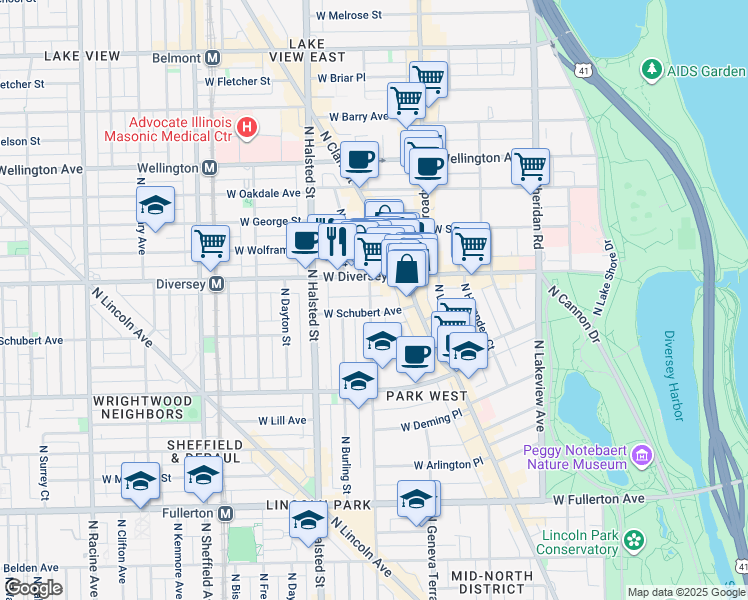 map of restaurants, bars, coffee shops, grocery stores, and more near 671 West Diversey Parkway in Chicago