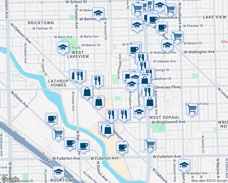 map of restaurants, bars, coffee shops, grocery stores, and more near in Chicago
