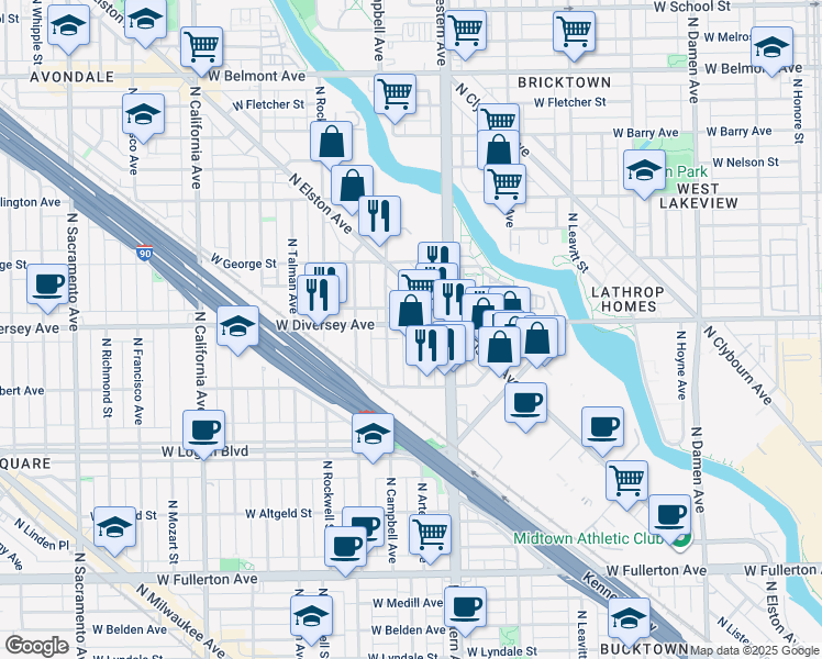 map of restaurants, bars, coffee shops, grocery stores, and more near 2450 West Diversey Avenue in Chicago