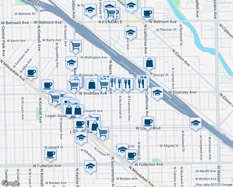 map of restaurants, bars, coffee shops, grocery stores, and more near 2815 North Sacramento Avenue in Chicago