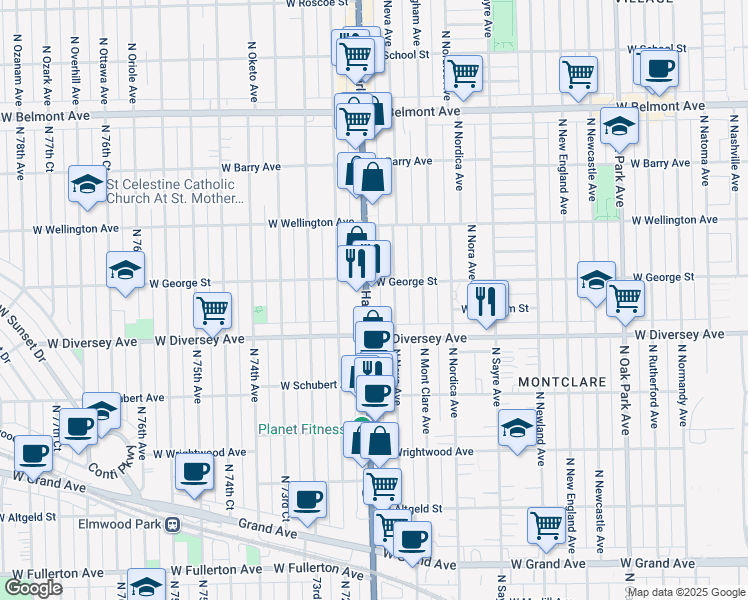 map of restaurants, bars, coffee shops, grocery stores, and more near 2858 North Neva Avenue in Chicago