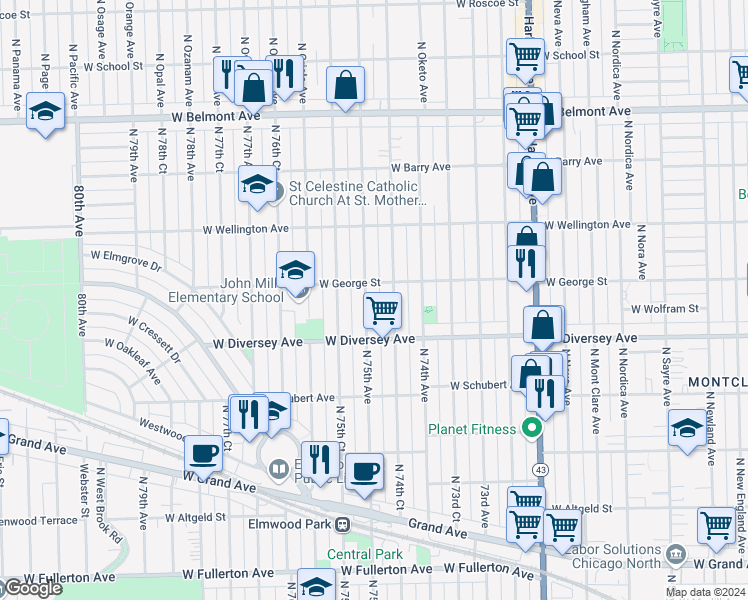 map of restaurants, bars, coffee shops, grocery stores, and more near 2846 North 74th Court in Chicago