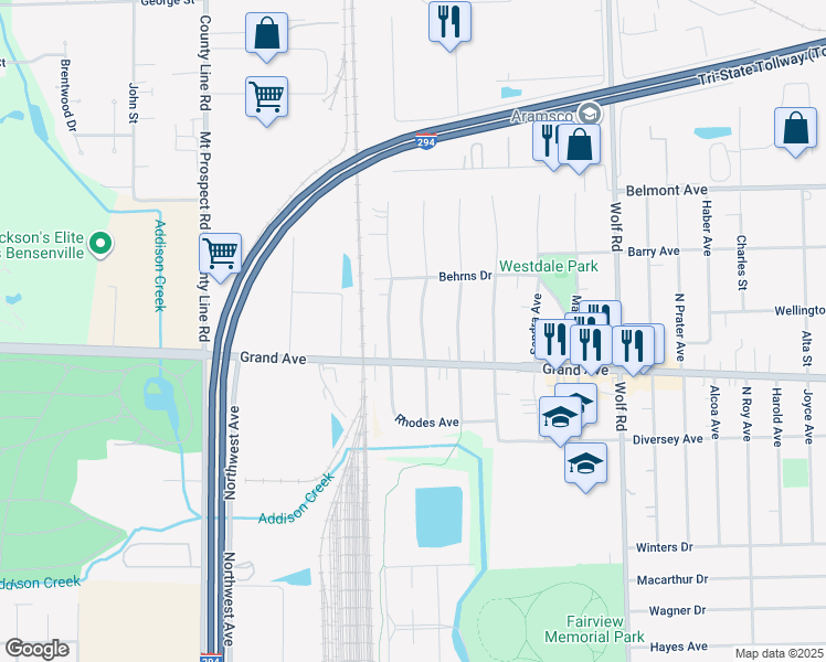 map of restaurants, bars, coffee shops, grocery stores, and more near 3000 Pearl Avenue in Melrose Park