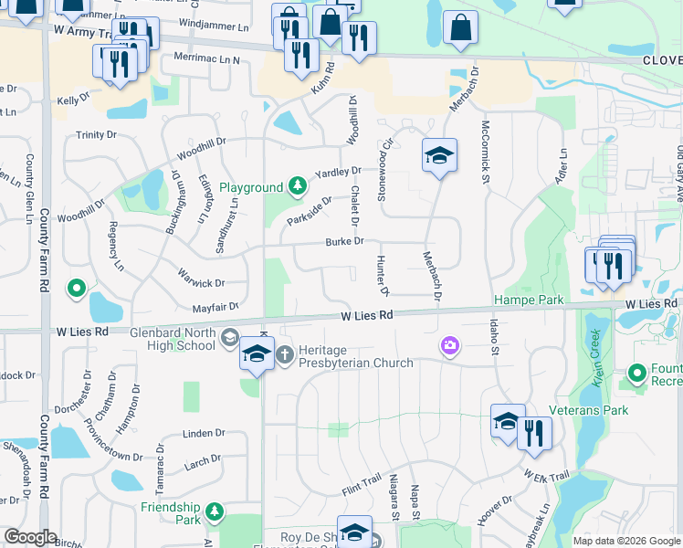 map of restaurants, bars, coffee shops, grocery stores, and more near 521 Canterbury Drive in Carol Stream
