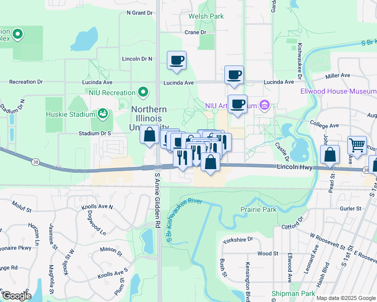 map of restaurants, bars, coffee shops, grocery stores, and more near in DeKalb