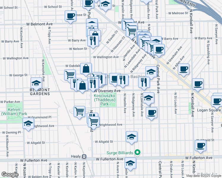map of restaurants, bars, coffee shops, grocery stores, and more near 3850 West Diversey Avenue in Chicago