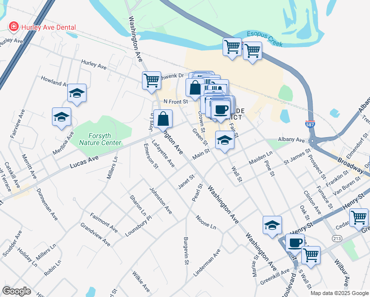 map of restaurants, bars, coffee shops, grocery stores, and more near 115 Green Street in Kingston