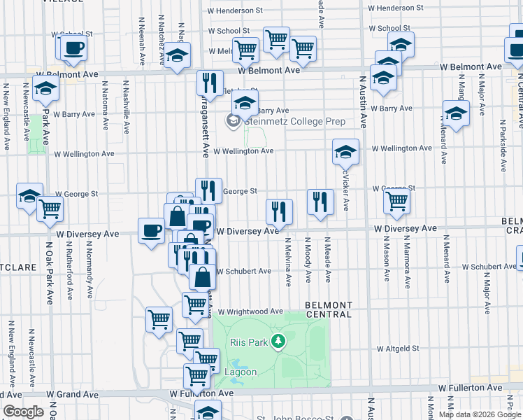 map of restaurants, bars, coffee shops, grocery stores, and more near 2849 North Mobile Avenue in Chicago