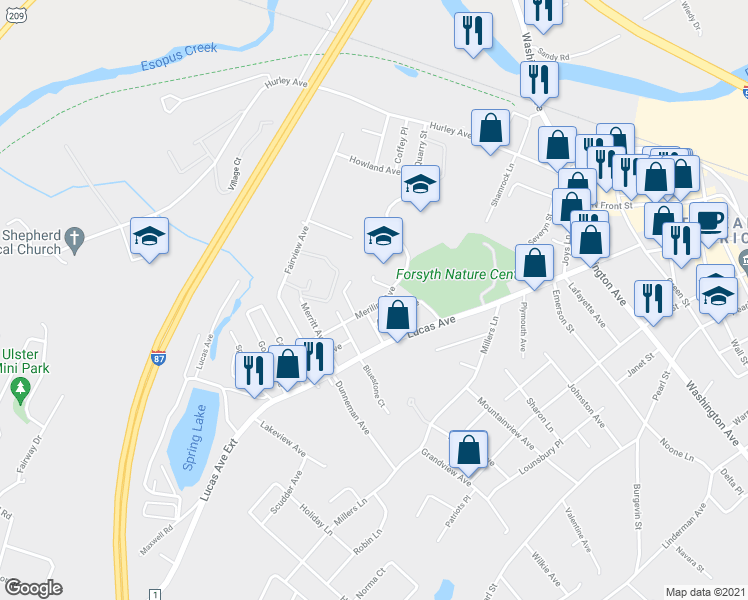 map of restaurants, bars, coffee shops, grocery stores, and more near 93 Merilina Avenue in Kingston