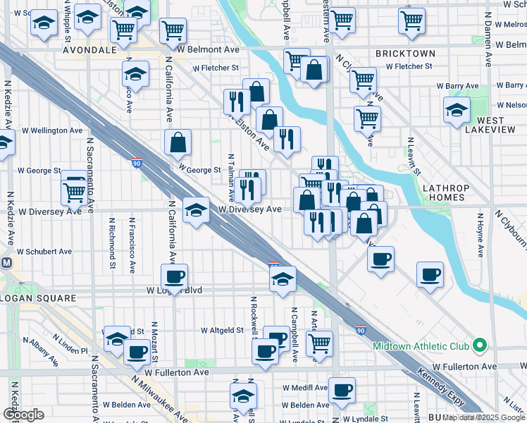 map of restaurants, bars, coffee shops, grocery stores, and more near 2545 West Diversey Avenue in Chicago