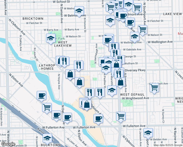 map of restaurants, bars, coffee shops, grocery stores, and more near in Chicago