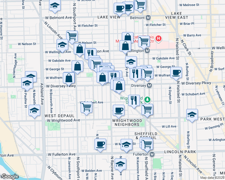map of restaurants, bars, coffee shops, grocery stores, and more near 2815 North Lincoln Avenue in Chicago