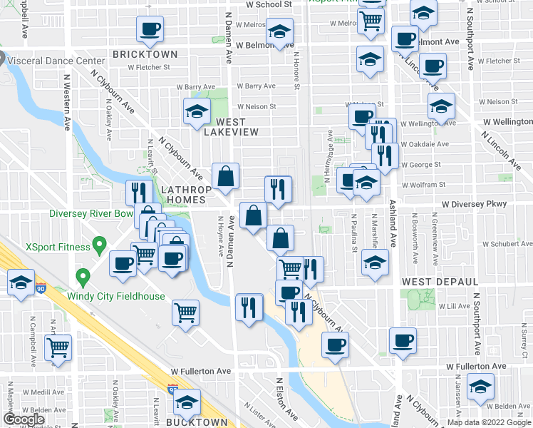 map of restaurants, bars, coffee shops, grocery stores, and more near 1930 West Diversey Parkway in Chicago
