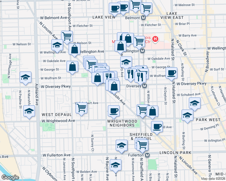 map of restaurants, bars, coffee shops, grocery stores, and more near 1124 West Diversey Parkway in Chicago