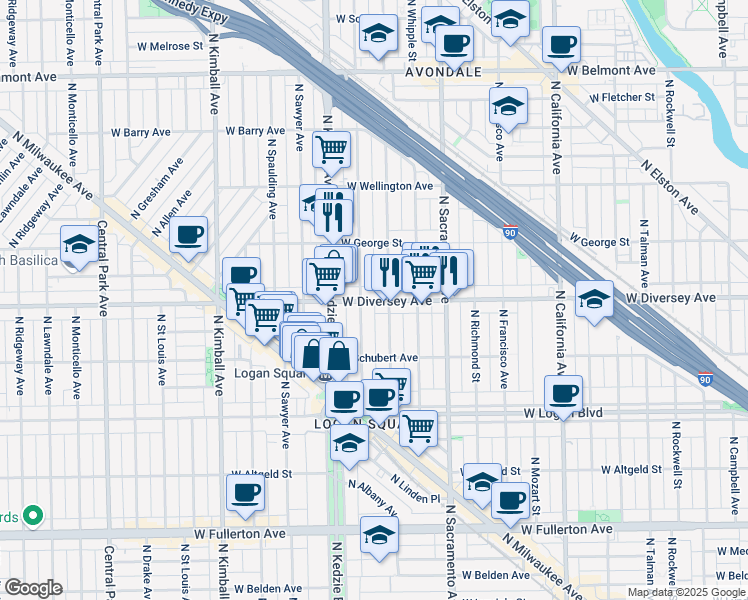 map of restaurants, bars, coffee shops, grocery stores, and more near 2816 North Albany Avenue in Chicago