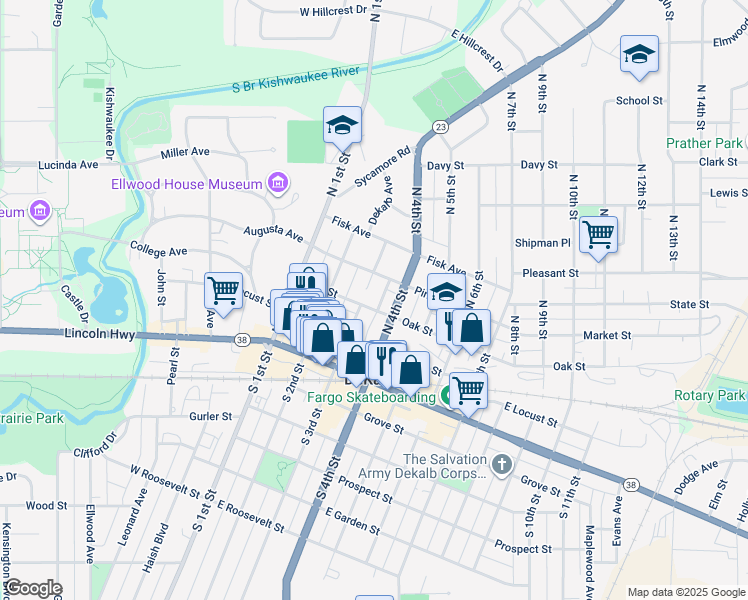 map of restaurants, bars, coffee shops, grocery stores, and more near 309 Oak Street in DeKalb