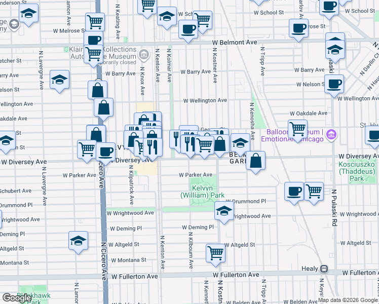 map of restaurants, bars, coffee shops, grocery stores, and more near 2810 North Kilbourn Avenue in Chicago