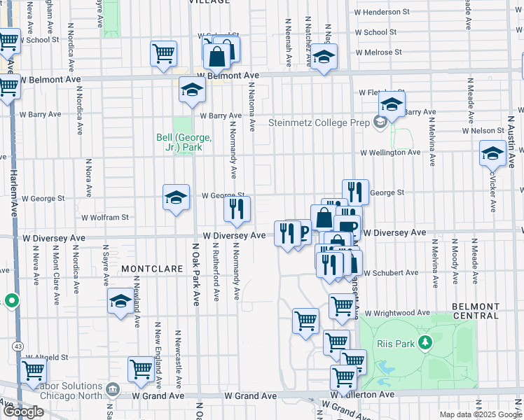 map of restaurants, bars, coffee shops, grocery stores, and more near 2839 North Natoma Avenue in Chicago