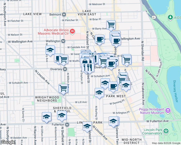 map of restaurants, bars, coffee shops, grocery stores, and more near 735 West Diversey Parkway in Chicago