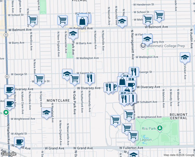 map of restaurants, bars, coffee shops, grocery stores, and more near 2854 North Natoma Avenue in Chicago
