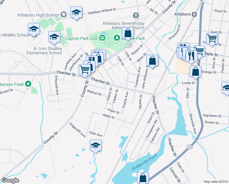map of restaurants, bars, coffee shops, grocery stores, and more near 316 Thacher Street in Attleboro