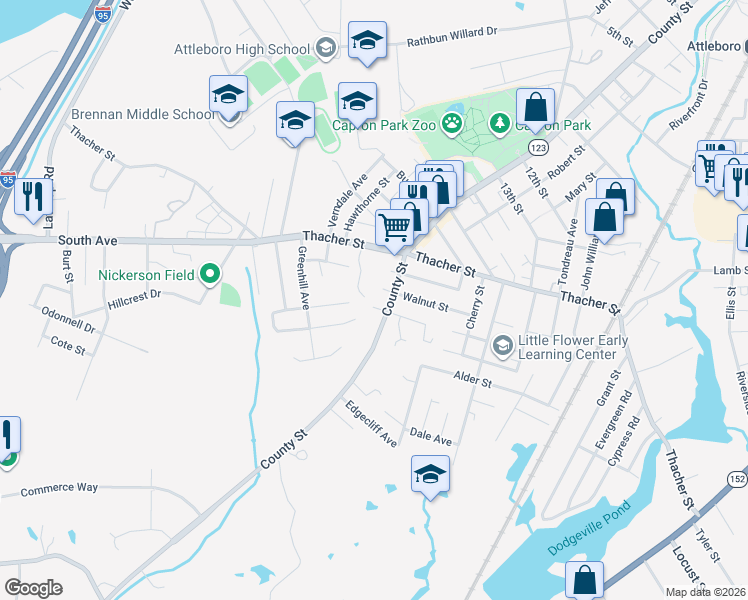 map of restaurants, bars, coffee shops, grocery stores, and more near 16 Maple Terrace in Attleboro