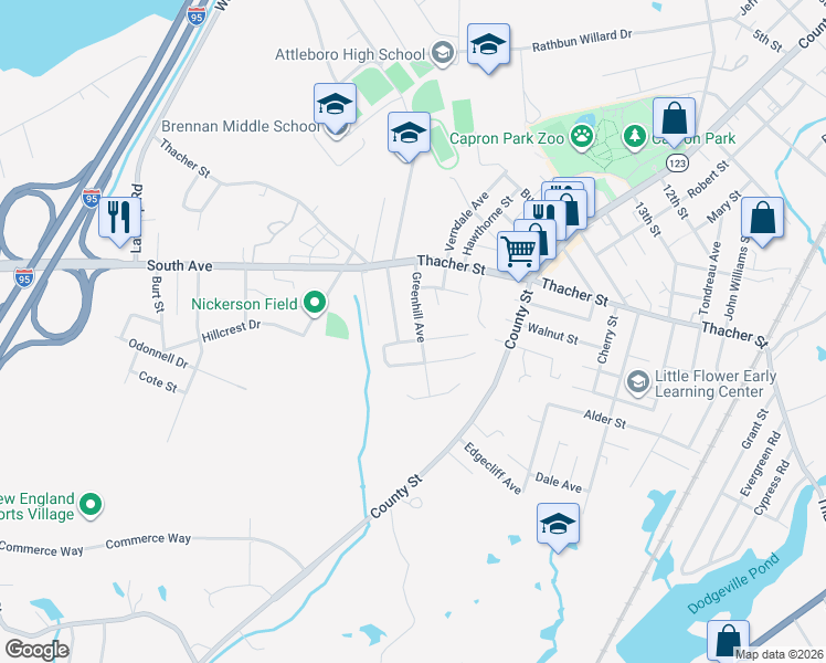map of restaurants, bars, coffee shops, grocery stores, and more near 38 Black Oak Drive in Attleboro